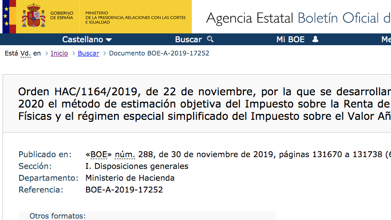 El BOE confirma que el sistema de módulos para 2020 se mantiene
