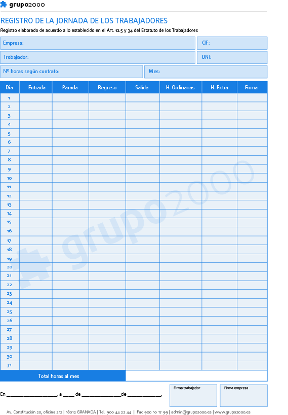 Modelo para realizar el registro de la jornada en formato papel