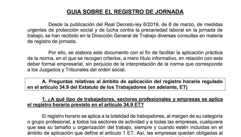 Así es la nueva Guía para el Registro de Jornada del Ministerio de Trabajo