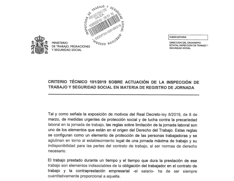 Publicado el criterio de Inspección frente al registro de la jornada