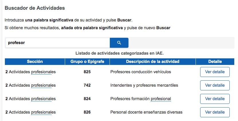 Buscador de actividades de AEAT 