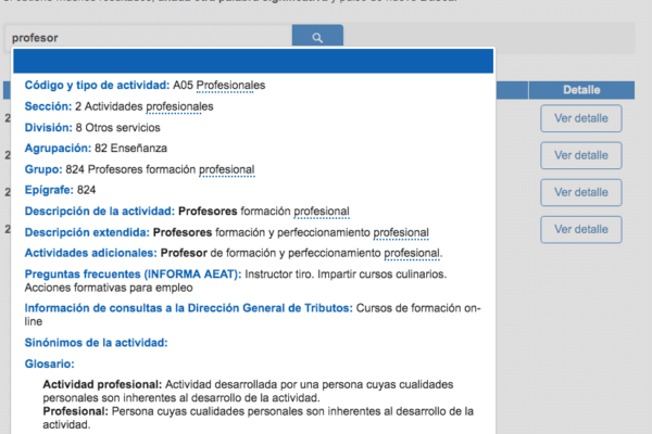 Resultados del buscador de IAE de Hacienda