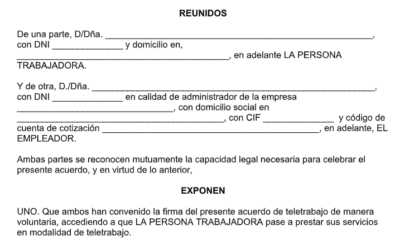 Este es el Modelo de Acuerdo de Teletrabajo obligatorio según la Ley 10/2021