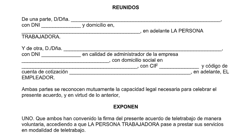 Modelo de Acuerdo de Teletrabajo obligatorio según la Ley 10/2021