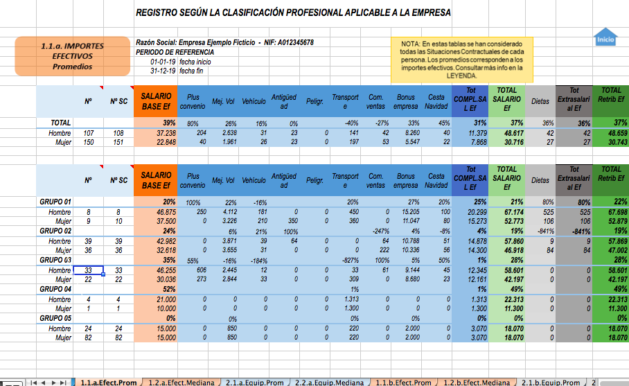 Excel modelo de registro retributivo del Ministerio de Igualdad